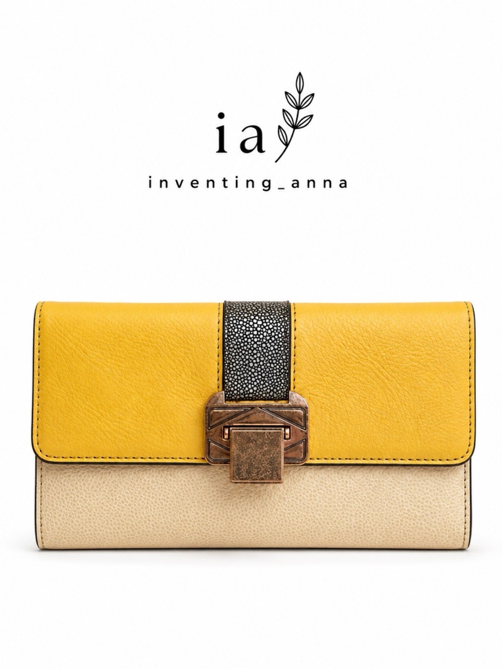 REBECCA MINKOFF Cream Clutch Yellow Gray Accents Gold Tone Hardware Evening Bag
